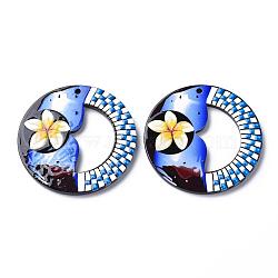 Cellulose Acetate(Resin) Pendants, Flat Round with Flower Pattern, Royal Blue, 37.5x2.5mm, Hole: 1.8mm(KY-S163-396)