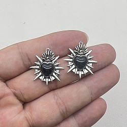 Vintage Tibetan Style Zinc Alloy Pendants, with Resin, Heart, Flame Sacred Heart Symbol Enameled Thorn, Black, 25x23mm(PW-WG0C0EE-02)