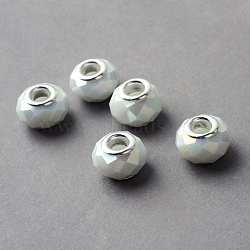 Electroplated Glass European Beads, Large Hole Beads, with Brass Cores, Silver Color Plated, Imitation Jade, Faceted Rondelle, Creamy White, 14x9.5mm, Hole: 5mm(X-GPDL-Q020-02)