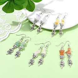 Natural Mixed Stone Chip Dangle Earrings Set for Women, 56~60x10.5mm(EJEW-JE06248)