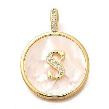 Rack Plating Brass Micro Pave Clear Cubic Zirconia Pendants with Shell, Letter Series Charms, Long-Lasting Plated, Lead Free & Cadmium Free, Letter S, 32x24x3.5mm, Hole: 6x3mm