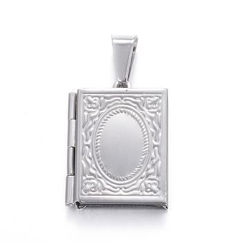 316 Stainless Steel Locket Pendants, Rectangle, Stainless Steel Color, 26x19x4.5mm, Hole: 9x5mm, Inner: 15x10mm