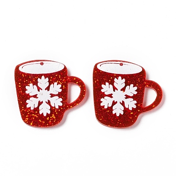 Christmas Transparent Printed Acrylic Pendants, with Sequins, Cup with Snowflake, FireBrick, 30x31x2mm, Hole: 1.4mm