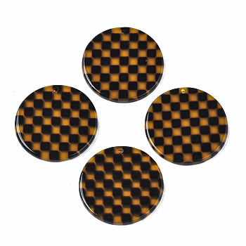 Transparent Cellulose Acetate(Resin) Pendants, Flat Round with Grid Pattern, Coconut Brown, 27.5x27.5x2.5mm, Hole: 1.4mm
