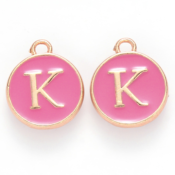 Golden Plated Alloy Enamel Charms, Cadmium Free & Lead Free, Enamelled Sequins, Flat Round with Letter, Camellia, Letter.K, 14x12x2mm, Hole: 1.5mm