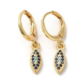 Horse Eye Brass Dangle Leverback Earrings, with Cubic Zirconia, Real 18K Gold Plated, 26x4.5mm