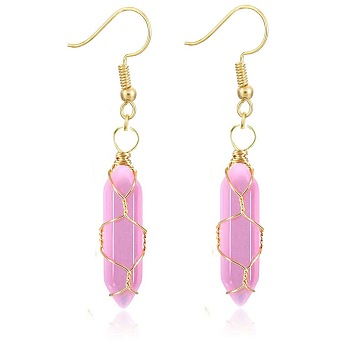 Pink Aventurine Hexagon Handmade Copper Wire Wrapped Earrings Natural Stone Column Earrings, Golden