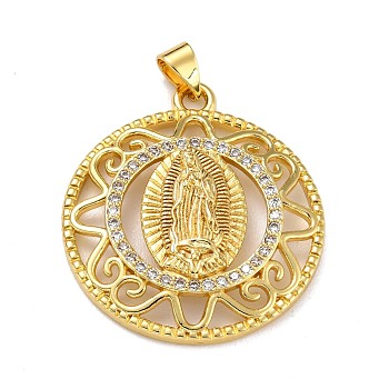 Brass Micro Pave Clear Cubic Zirconia Pendants, Flat Round with Virgin Mary, Real 18K Gold Plated, 31x27.5x5mm, Hole: 5x3mm
