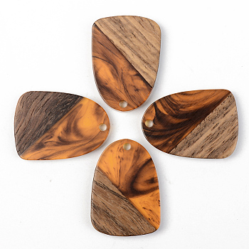 Resin & Walnut Wood Pendants, Teardrop, Orange, 28x20x3mm, Hole: 2mm