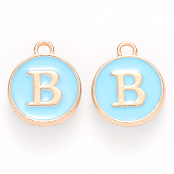 Golden Plated Alloy Enamel Charms, Cadmium Free & Lead Free, Enamelled Sequins, Flat Round with Letter, Sky Blue, Letter.B, 14x12x2mm, Hole: 1.5mm