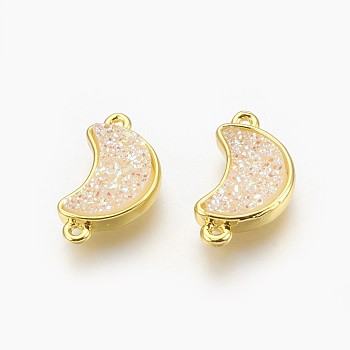 Electroplate Druzy Resin Links connectors, with Golden Tone Brass Findings, Moon, Beige, 18.5x10x4mm, Hole: 1mm