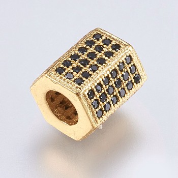 Brass Micro Pave Cubic Zirconia Beads, Hexagon Column, Black, Golden, 8.5x8x7.5mm, Hole: 4mm