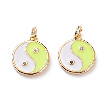 Brass Micro Pave Clear Cubic Zirconia Pendants, with Enamel & Jump Rings, Flat Round with Yin Yang, Real 18K Gold Plated, Green Yellow, 15x12.5x2mm, Jump Ring: 5x1mm, 3mm Inner Diameter