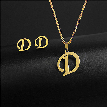 Golden Stainless Steel Initial Letter Jewelry Set, Stud Earrings & Pendant Necklaces, Letter D, No Size