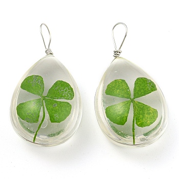 Platinum Brass with Glass Pendants, Clover Pattern Charms, Long-Lasting Plated, Teardrop, 34~34.5x18x12mm, Hole: 4x6mm