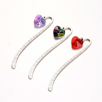 Antique Silver Alloy Glass Bookmarks, Heart, Mixed Color, 85mm
