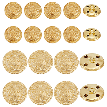 Olycraft 60Pcs 2 Style 4-Hole Brass Buttons, for Sewing Crafting, Half Round with Badge Pattern, Light Gold, 15~19.5x9mm, Hole: 2~3mm, 30pcs/style