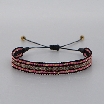 Adjustable Nylon Cord Braided Bead Bracelets, with Glass Seed Beads, Pink, 11 inch(28cm)