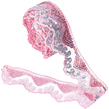 Waved Polyester Lace Trim, with Paillette, Pink, 2 inch(50mm), about 10 yards/pc