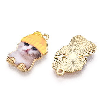 Printed Light Gold Tone Alloy Pendants,Carton Cat with Cap Charms, Gold, 22.5x14x2.5mm, Hole: 1.6mm