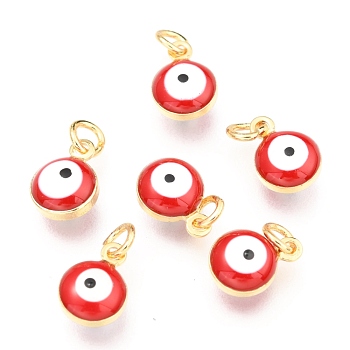 Brass Enamel Charms, Real 18K Gold Plated, Long-Lasting Plated, with Jump Ring, Evil Eye, Red, 9.5x6.5x4.5mm, Hole: 2.5mm