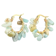 Natural Flower Amazonite Chips Braided Hoop Earrings, 304 Stainless Steel Wire Wrap Jewelry for Women, 25~27x28~33x7~9mm, Pin: 0.6mm(EJEW-JE04940-09)