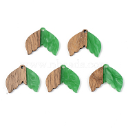 Opaque Resin & Walnut Wood Pendants, Fishtail Shape, Green, 23x28x3mm, Hole: 2mm(RESI-S389-017A-C03)
