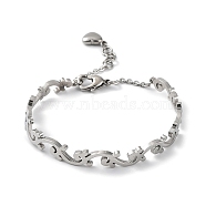 304 Stainless Steel Leafy Branch Bangles with Heart Charms, with Safety Chains, Stainless Steel Color, Inner Diameter: 2-3/8 inch(6.1cm)(BJEW-F464-16P)