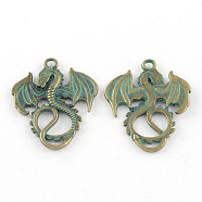 Zinc Alloy Dragon Pendants, Cadmium Free & Lead Free, Antique Bronze & Green Patina, 35x27x2mm, Hole: 2.5mm(X-PALLOY-R065-023-LF)
