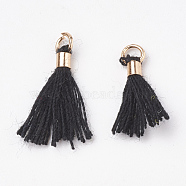 Polycotton(Polyester Cotton) Tassel Pendant Decorations, Mini Tassel, with Brass Findings, Light Gold, Black, 10~15x3~4mm, Hole: 2mm(FIND-S275-01G)