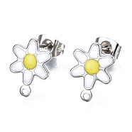 304 Stainless Steel Enamel Stud Earring Findings, with Loop and Ear Nuts/Earring Backs, Flower, White, 12.5x9mm, Hole: 1mm, Pin: 0.8mm(STAS-T052-43P-07)
