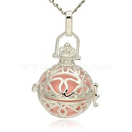 Silver Color Plated Brass Hollow Round Cage Pendants, with No Hole Spray Painted Brass Ball Beads, Pink, 31x27x22mm, Hole: 3x8mm(KK-J240-01S)
