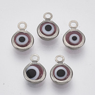 Handmade Lampwork Charms, with 304 Stainless Steel Findings, Flat Round with Evil Eye, Rosy Brown, 9.5x6.5x2.5mm, Hole: 1.5mm(STAS-T041-01-02)