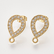 304 Stainless Steel Stud Earring Findings, with Rhinestone, Loop and Ear Nuts/Earring Backs, Teardrop, Golden, Crystal, 18.5x11.5x2mm, Hole: 1.5mm, Pin: 0.8mm(STAS-T052-05G-12)
