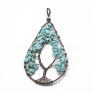 Synthetic Turquoise Chip Big Pendants, with Brass Wires, Teardrop & Tree, Red Copper, 78~81x40~43x5~10mm, Hole: 4.5mm(G-R437-R06)