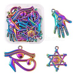 12Pcs 3 Style Plated Alloy Pendants, Star of David with Eye & Egyptian Eye of Horus & Hand of Eye, Rainbow Color, 25~27x20~31x2~3.5mm, Hole: 1.6~2mm, 4pcs/style(FIND-LS0001-44MC)