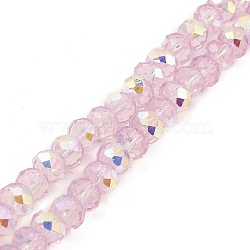 Baking Painted Transparent Glass Beads Strands, Imitation Opalite, Faceted, AB Color Plated, Round, Pearl Pink, 8x6.5mm, Hole: 1.4mm, about 64~65pcs/strand, 16.34~16.54''(41.5~42cm)(DGLA-A034-J8mm-B06)