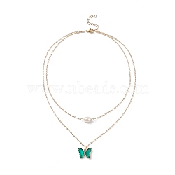Glass Butterfly & Natural Pearl Pendants Double Layer Necklace with Clear Cubic Zirconia, Golden Brass Jewelry for Women, Sea Green, 16.34 inch(41.5cm)(NJEW-TA00043-02)