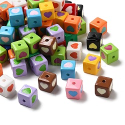 Opaque Enamel Acrylic Beads, Cube with Heart Pattern, Mixed Color, 12.5x12x12mm, Hole: 2.6mm(OACR-G022-01)