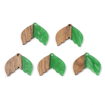 Opaque Resin & Walnut Wood Pendants, Fishtail Shape, Green, 23x28x3mm, Hole: 2mm
