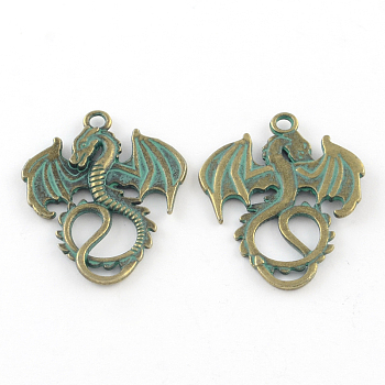 Zinc Alloy Dragon Pendants, Cadmium Free & Lead Free, Antique Bronze & Green Patina, 35x27x2mm, Hole: 2.5mm