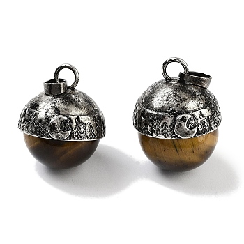 Natural Tiger Eye Sphere Pendants, Rack Plating Antique Silver Plated Brass Round Charms, Cadmium Free & Lead Free, 24~27x19.5x20mm, Hole: 6x4mm