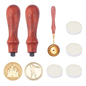 DIY Halloween Theme Letter Seal Kits, with Brass Wax Seal Stamp and Wood Handle Sets, Candle and Sealing Stamp Wax Spoons, Golden, Stamp: 90mm, 2pcs/set