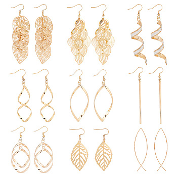 9 Pairs 9 Style Alloy Long Dangle Earrings, Cluster Earrings, Leaf & Jesus Fish & Oval & Infinity, Golden, 60~88x15.5~26mm, 1 Pair/style