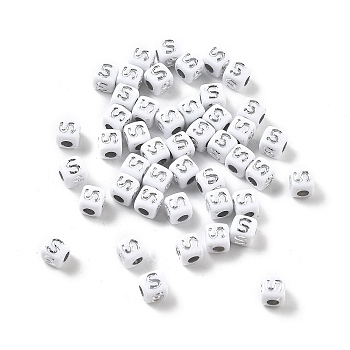 Opaque Acrylic Beads, Square with Letter, Silver Metal Enlaced, Letter S, 5x5x5mm, Hole: 2mm, about 5000ocs