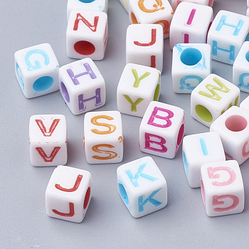 Craft Style Acrylic Beads, Horizontal Hole, Cube with Initial Letter, Mixed Color, 7x7x7mm, Hole: 3.5mm, about 195pcs/50g