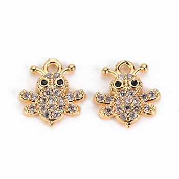 Brass Micro Pave Clear Cubic Zirconia Charms, Nickel Free, Bee, Real 18K Gold Plated, 11x9.5x2mm, Hole: 1.2mm