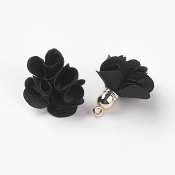 Cloth Pendant Decorations, with Acrylic Findings, Flower, Black, 25~30x28~35mm, Hole: 2mm