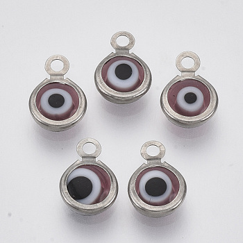 Handmade Lampwork Charms, with 304 Stainless Steel Findings, Flat Round with Evil Eye, Rosy Brown, 9.5x6.5x2.5mm, Hole: 1.5mm