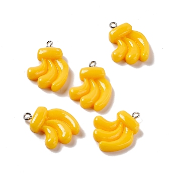 Opaque Resin Pendants, Imitation Food, with Platinum Tone Iron Loops, Banana, Gold, 26.5x19.5x5.5mm, Hole: 2mm